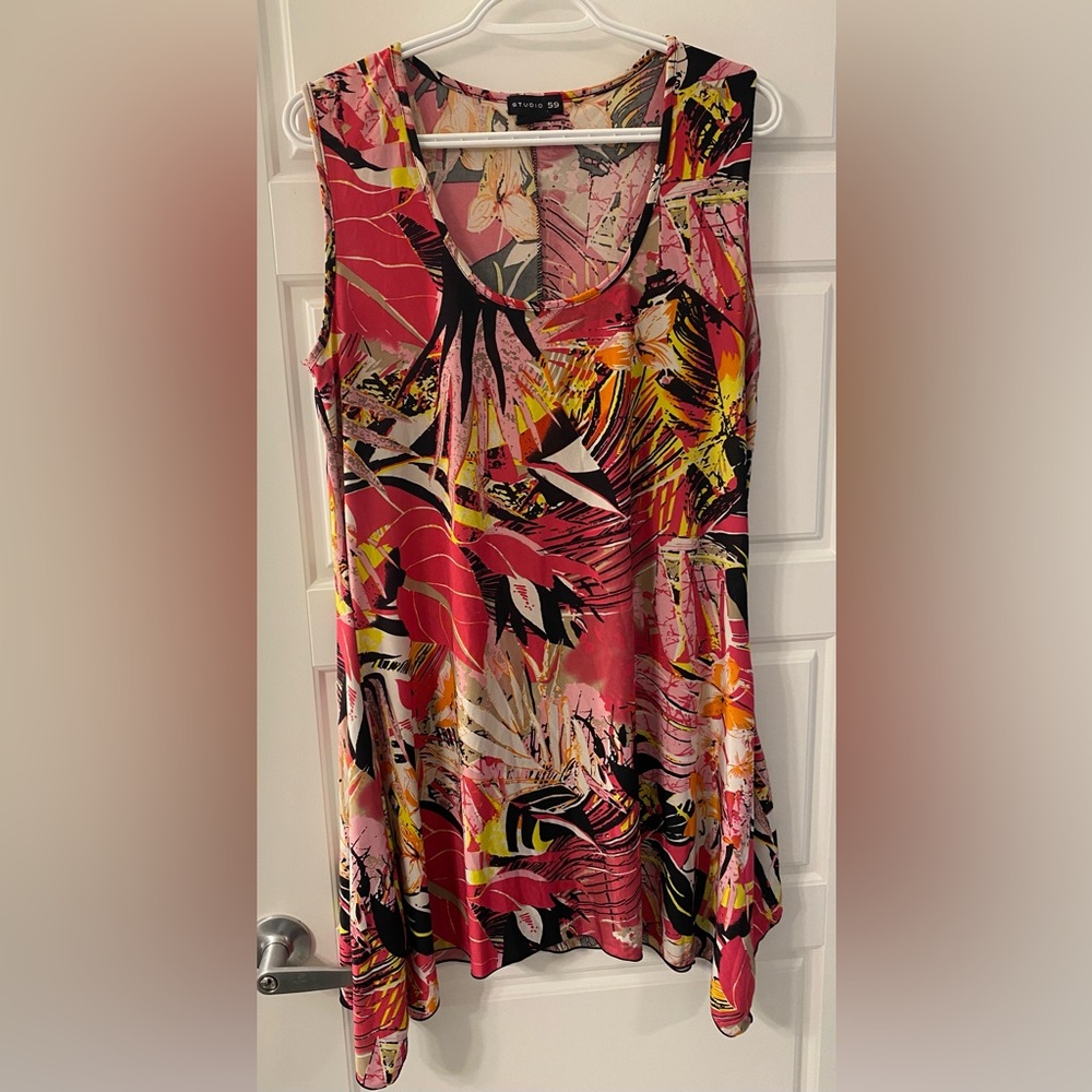 Vintage 90s Studio 59 Floral Tropical Print High Low Top Sleeveless Retro